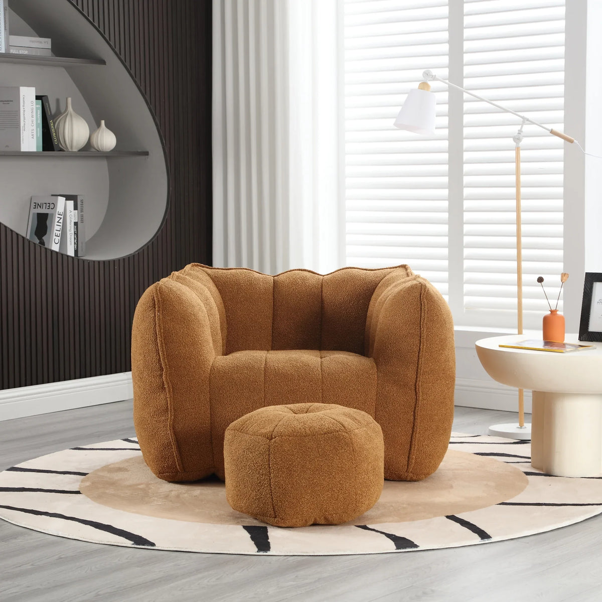 eprolo soft square bean bag chair with matching footstool in brown faux fur texture.