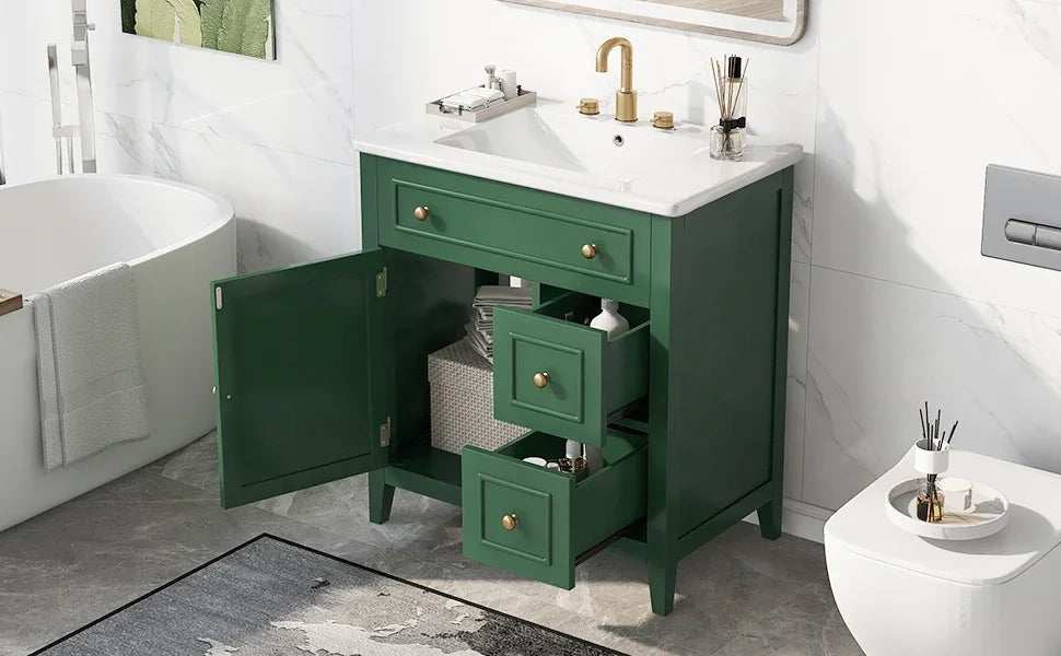 eprolo 30 inch green bathroom vanity with white sink top, solid wood frame, and gold hardware