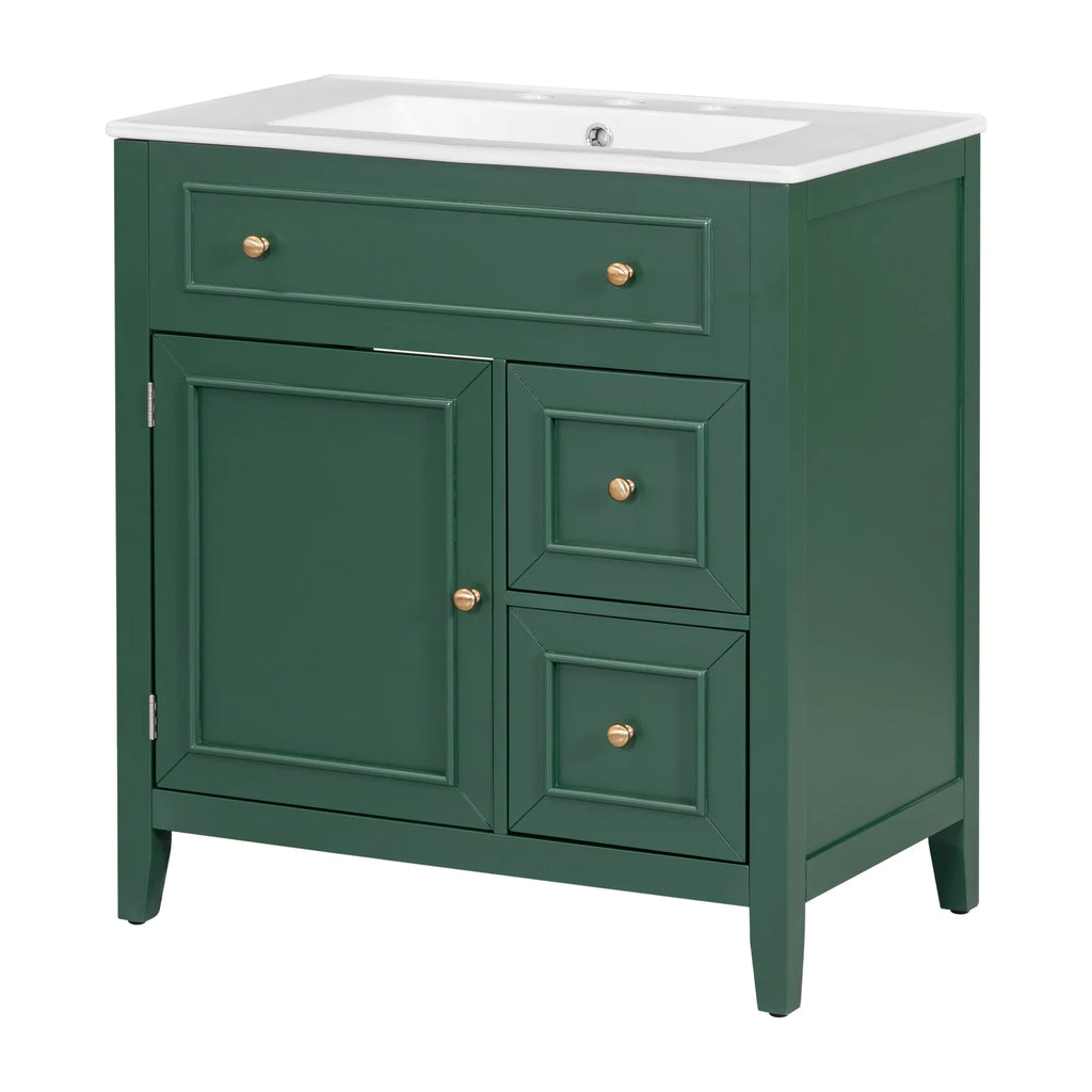 eprolo 30 inch green bathroom vanity with white sink top, one door, and two drawers