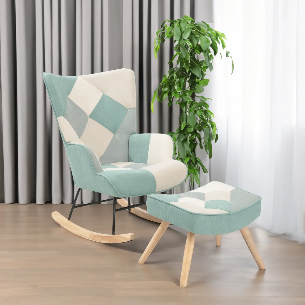 Mid-century fabric rocking chair with ottoman and wood legs by eprolo in a modern living room