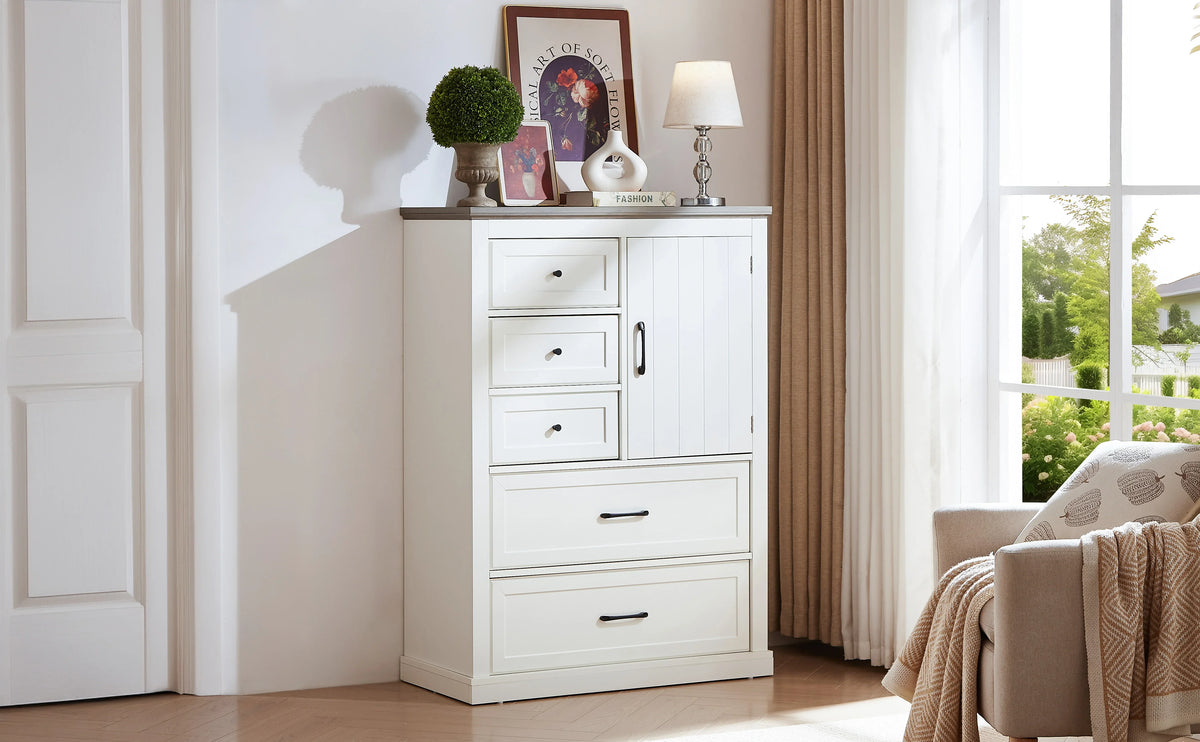 eprolo white wooden farmhouse 5 drawer bedroom dressing table with storage cabinet