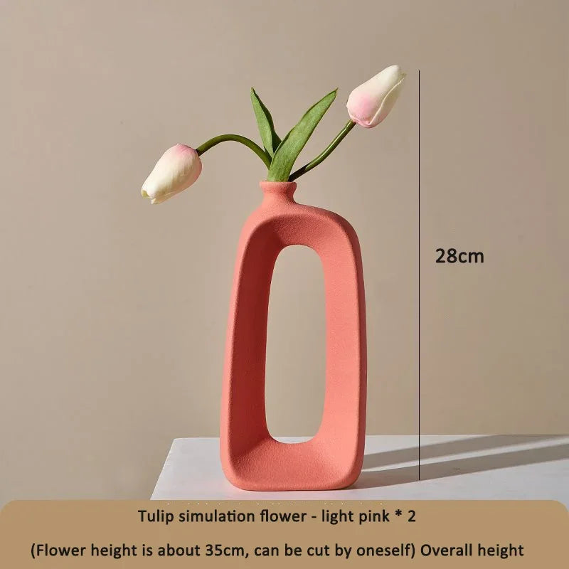 eprolo coral pink ceramic oval vase with two light pink simulation tulips