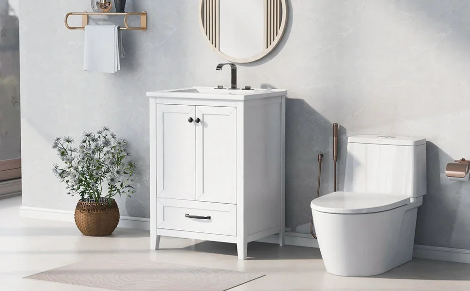 White 24 inch eprolo bathroom vanity cabinet with sink, drawer, and doors in a modern bathroom.