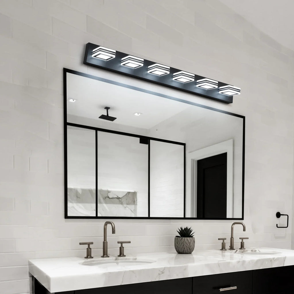 Modern eprolo LED black vanity light fixture mounted above a large bathroom mirror.