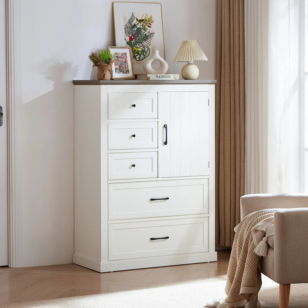 eprolo farmhouse white wooden 5 drawer bedroom dressing table cabinet with grey top