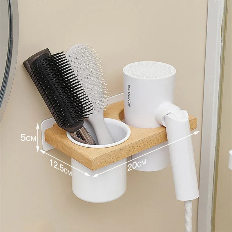 eprolo solid wood bathroom hair dryer storage rack with hair brushes on a beige wall.