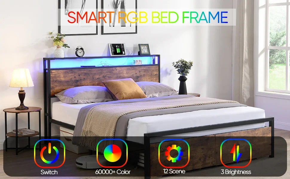 eprolo Smart RGB LED Platform Bed with storage headboard and integrated charging station.