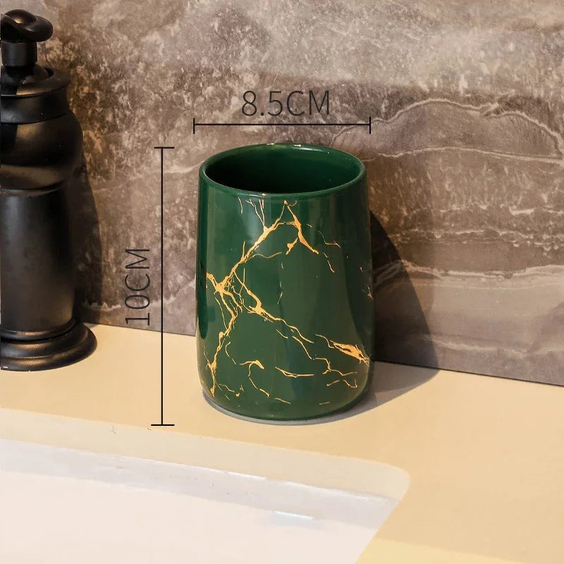 Luxury eprolo green marble ceramic bathroom tumbler with gold veins, 10cm height.