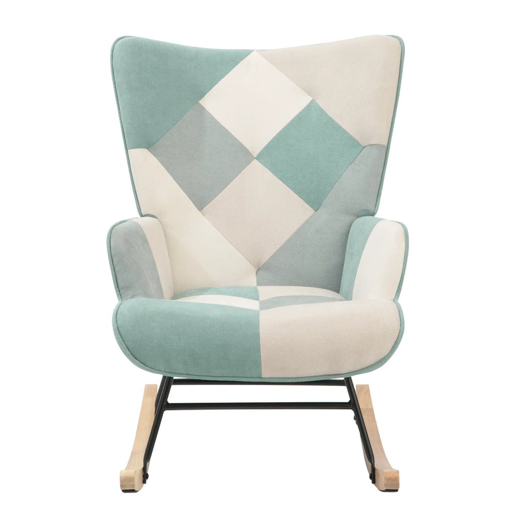 Mid-century fabric rocking chair with teal and cream patchwork pattern by eprolo