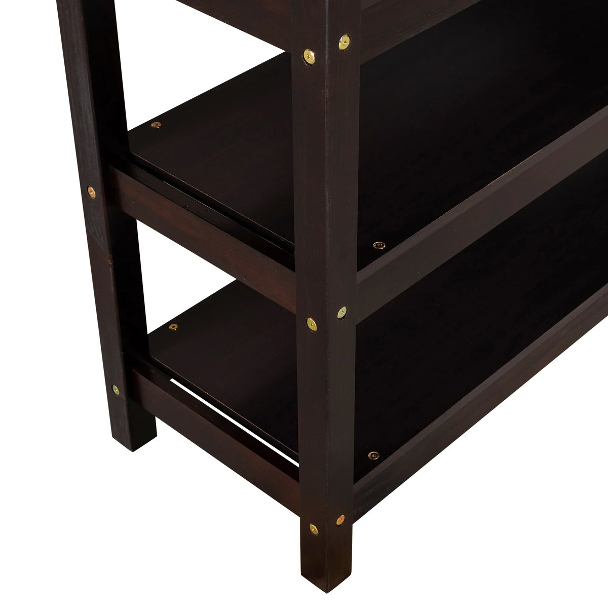 Espresso wood storage shelves of an eprolo loft bed