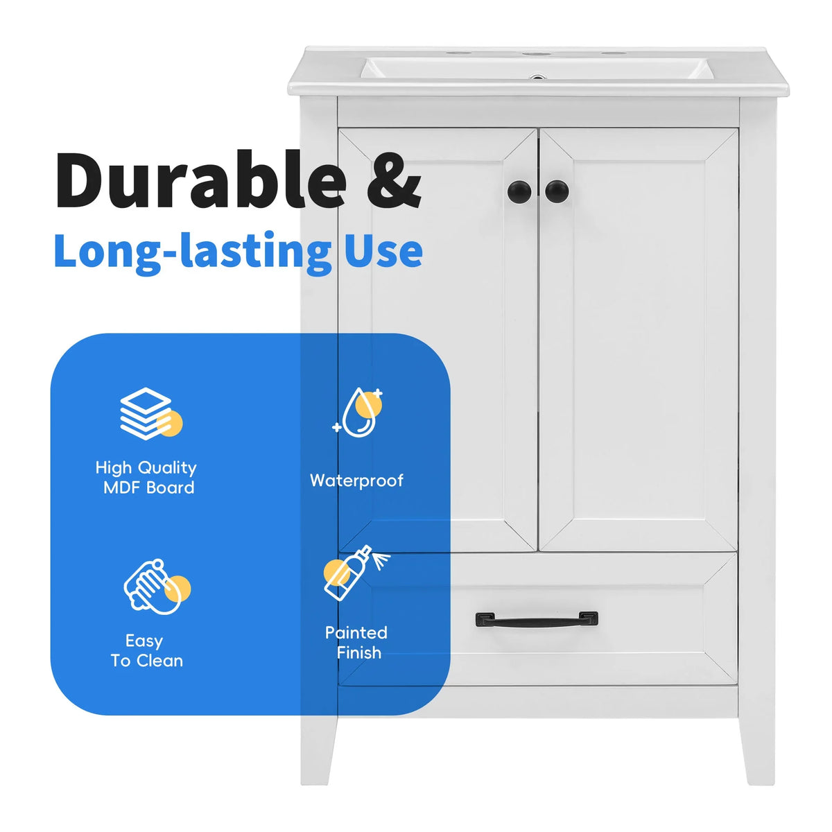 White 24 inch eprolo bathroom vanity cabinet with waterproof painted finish and MDF board.