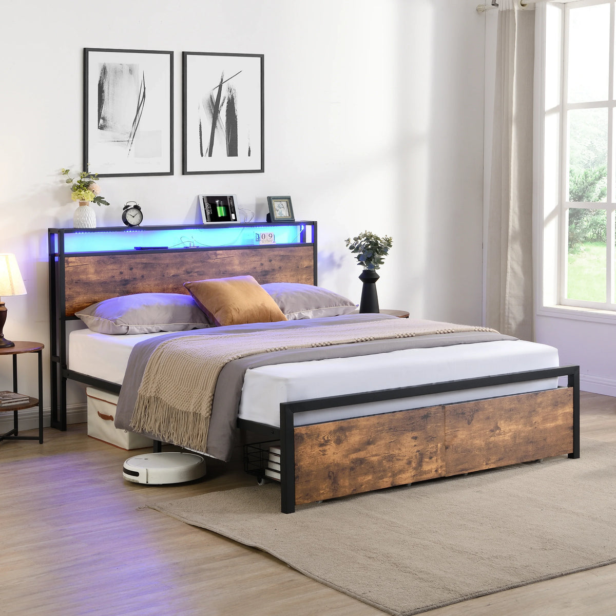 eprolo LED platform bed with storage headboard and charging station in a modern bedroom