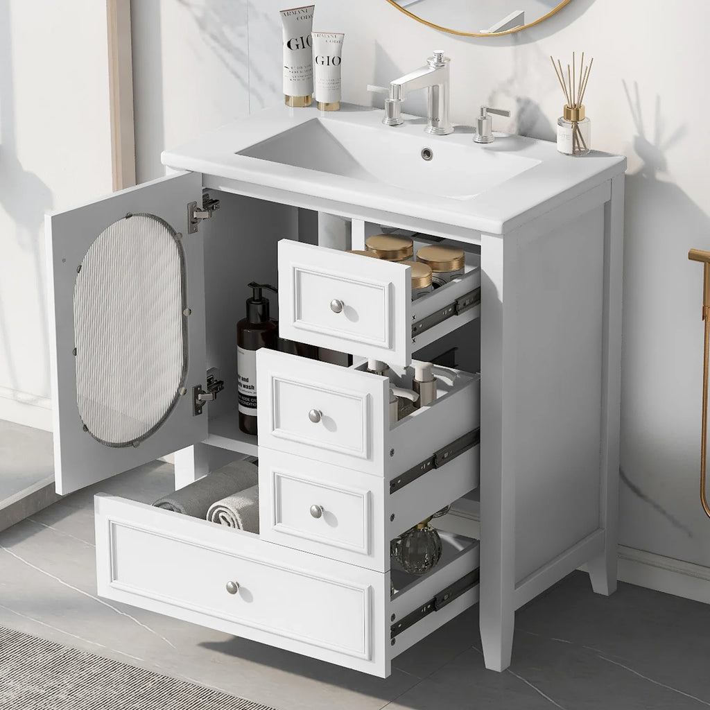 White 30 inch eprolo bathroom vanity cabinet with sink, three drawers, and storage door.