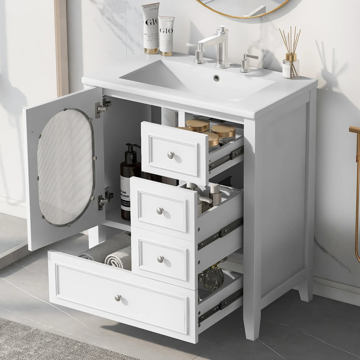 White 30 inch eprolo bathroom vanity cabinet with sink, three drawers, and storage door.