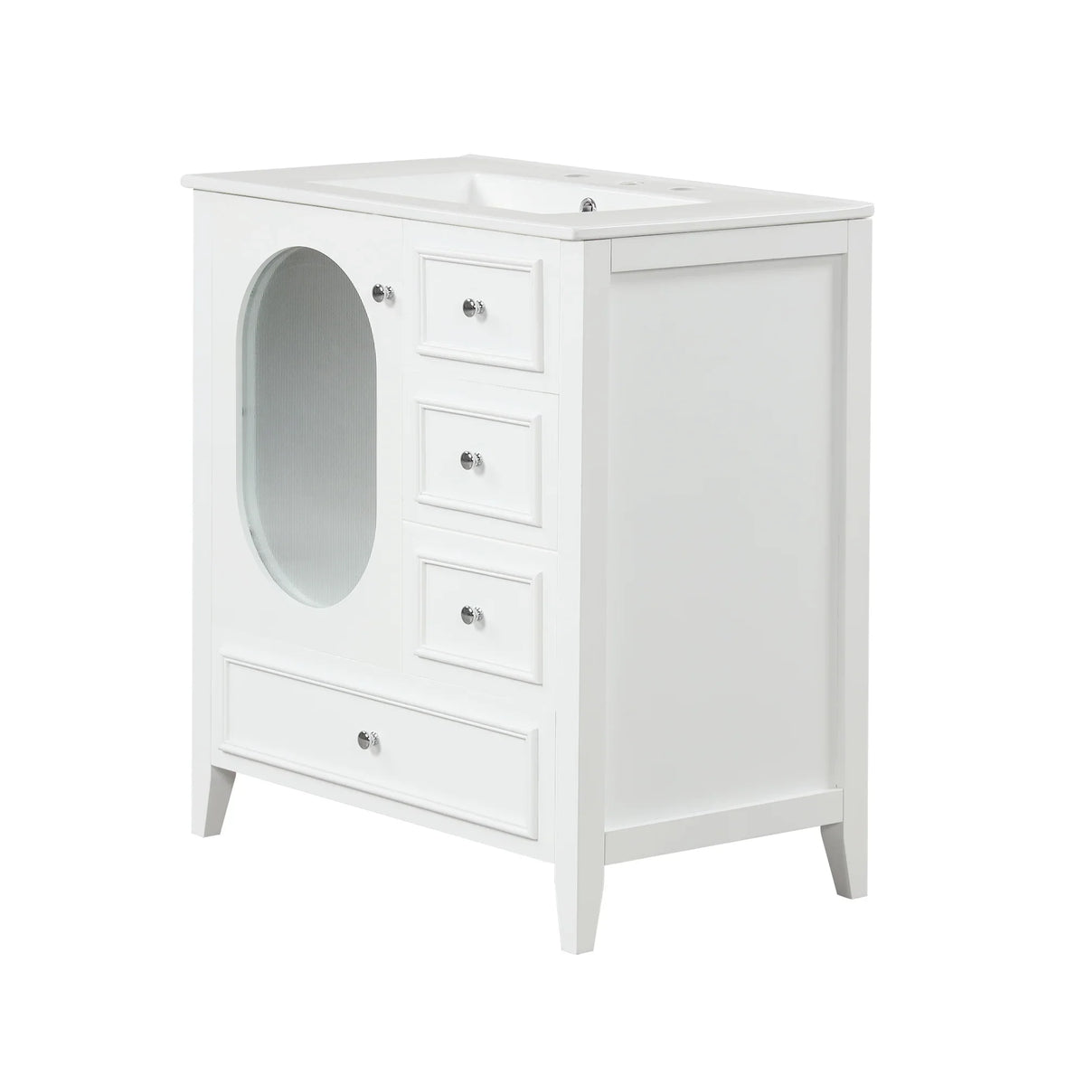 White 30 inch eprolo bathroom vanity cabinet with sink, three drawers, and a door.