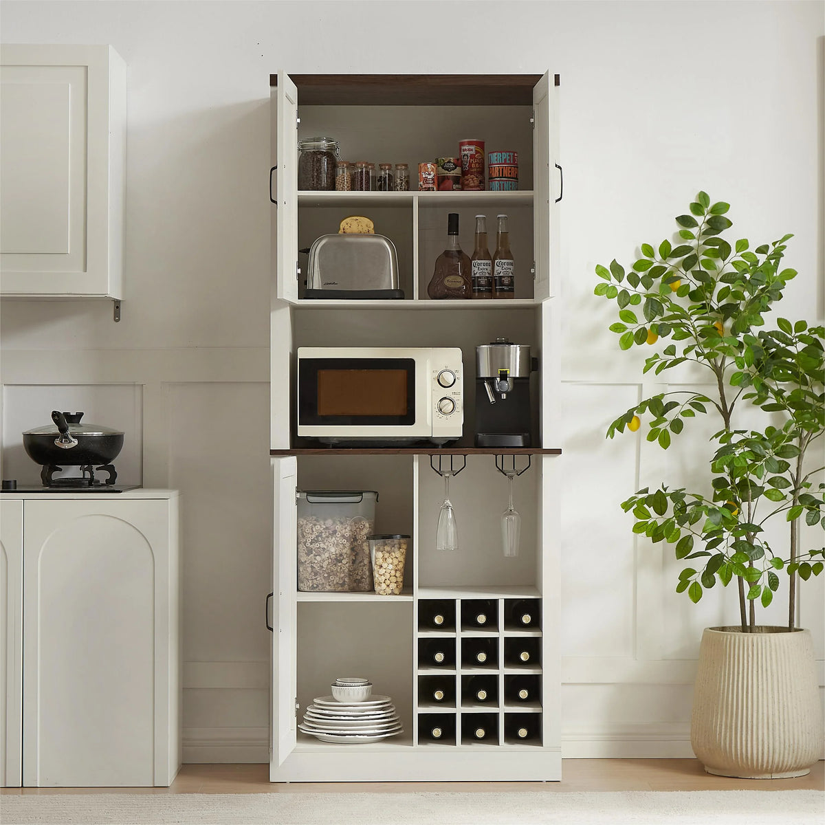 Eprolo farmhouse white bar cabinet with shelves containing microwave, toaster, and wine glasses.