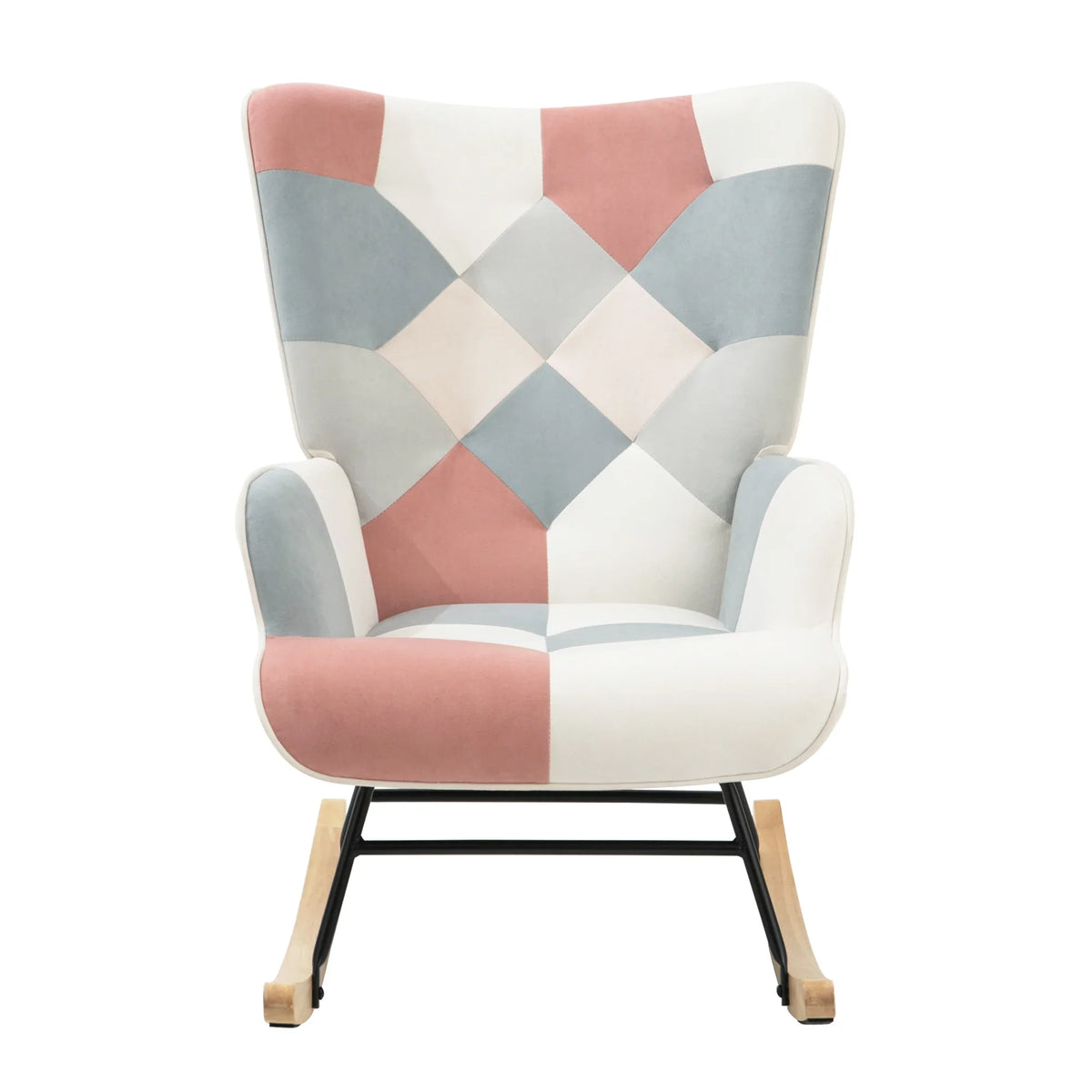 eprolo mid-century fabric rocking chair with pink, grey, and white patchwork design