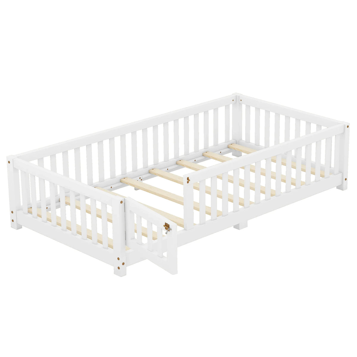 White eprolo twin size floor bed with safety guardrails and a small door for kids.