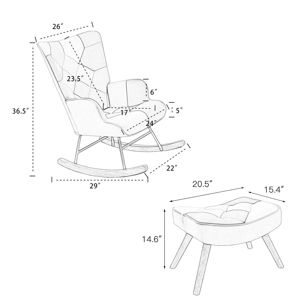 Dimensions for eprolo Mid-Century Fabric Rocking Chair with Ottoman and Wood Legs