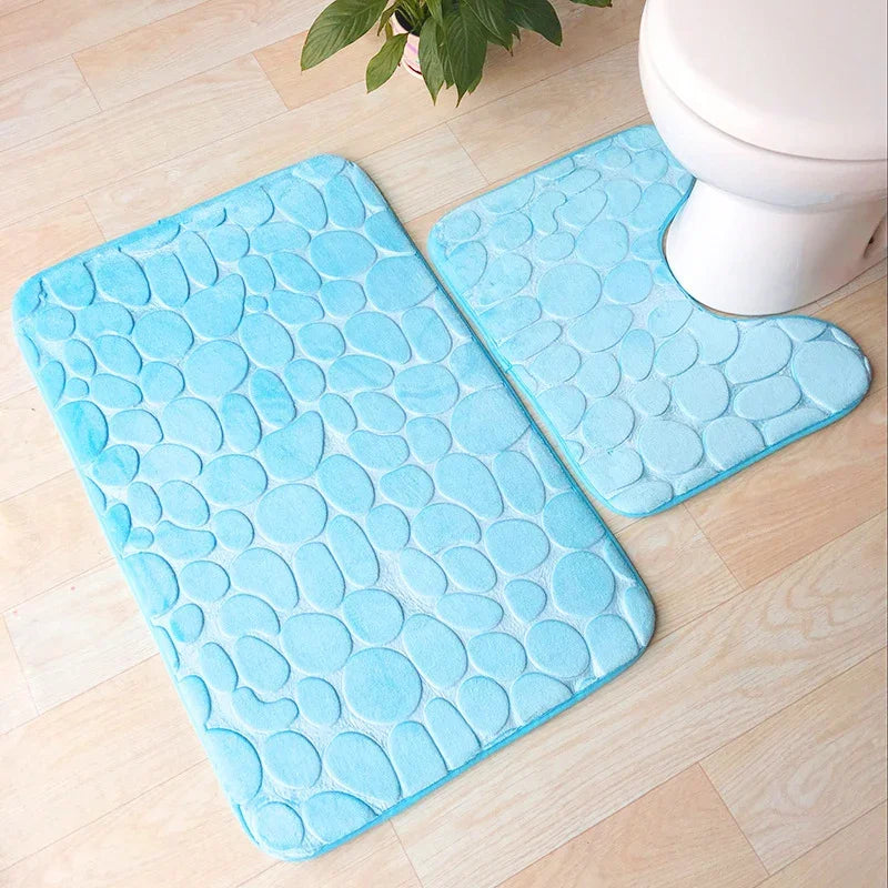 Blue embossed stone pattern non-slip PVC bathroom mat set by eprolo