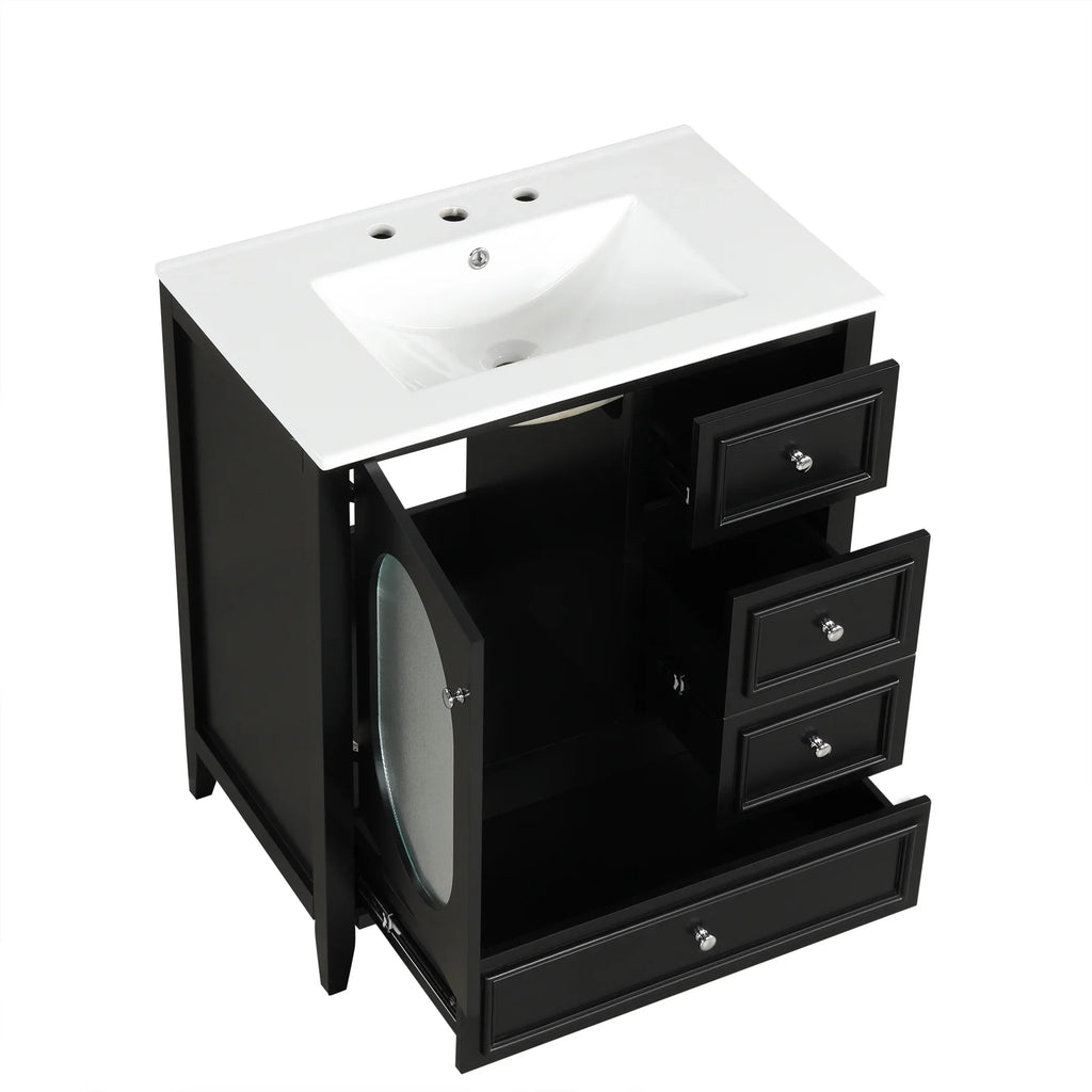 eprolo 30-inch black bathroom vanity with white sink, three drawers, and open cabinet door.