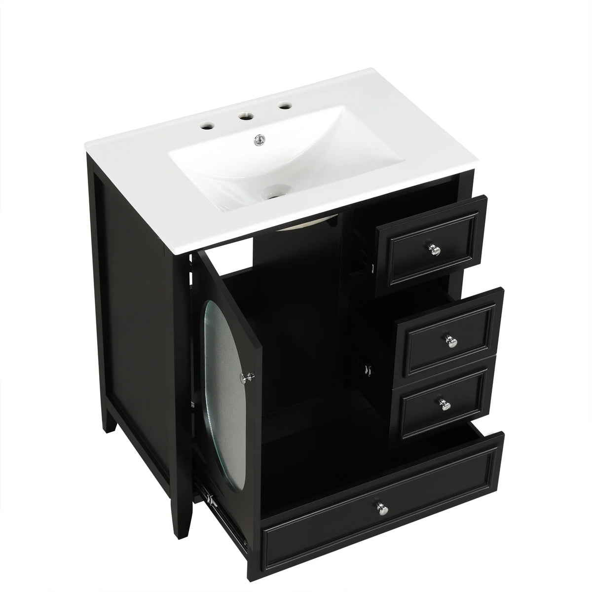 eprolo 30-inch black bathroom vanity with white sink, three drawers, and open cabinet door.