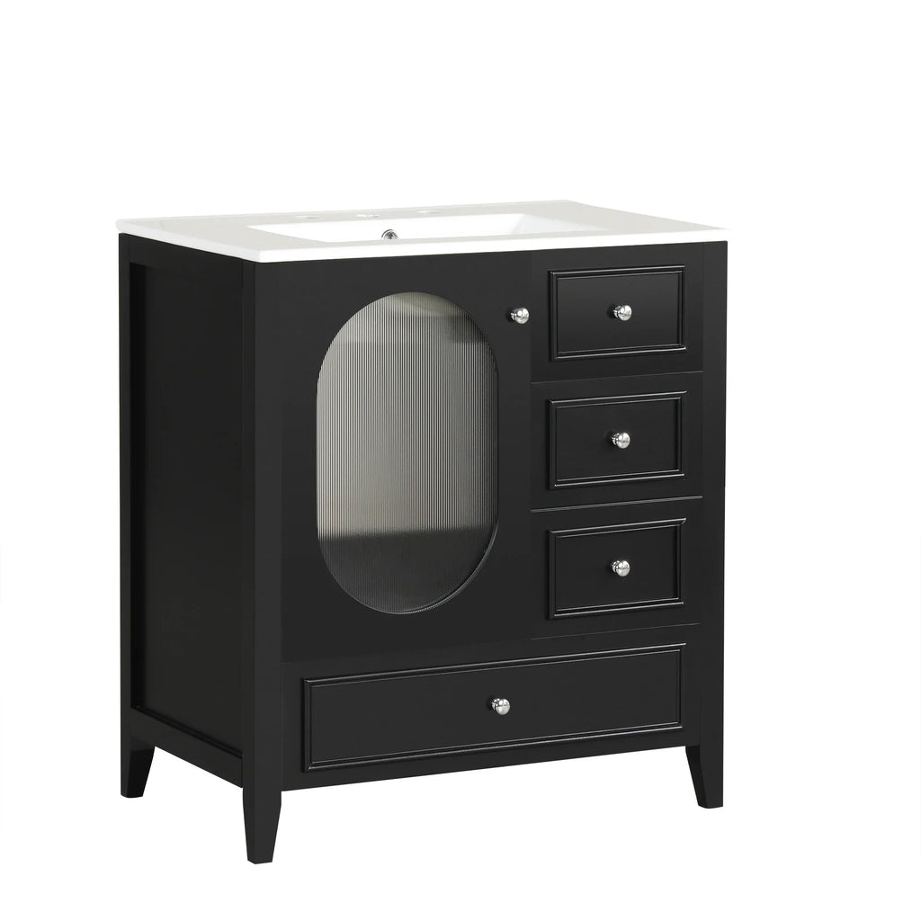 eprolo 30 inch black bathroom vanity with white sink, three drawers, and oval door