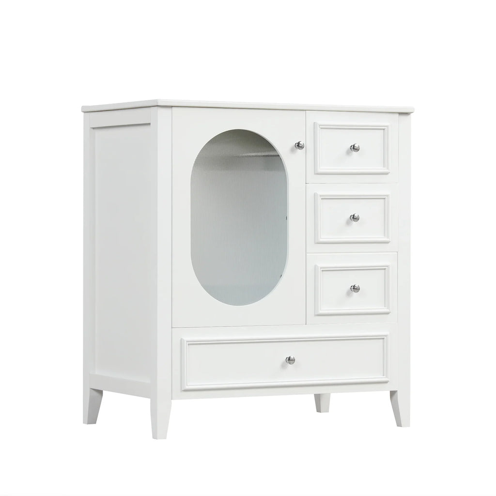 White 30 inch eprolo bathroom vanity cabinet with three drawers and an oval glass door.