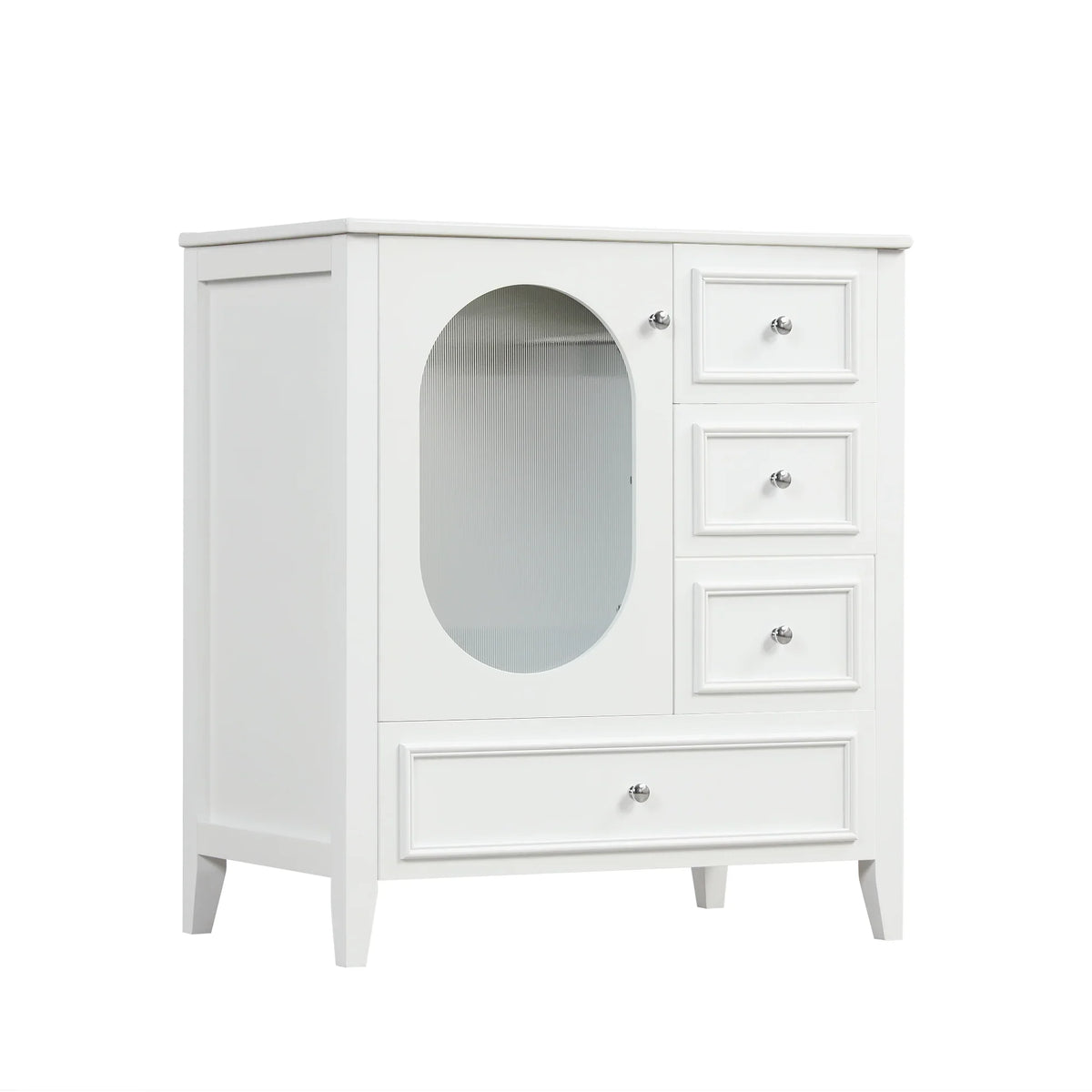 White 30 inch eprolo bathroom vanity cabinet with three drawers and an oval glass door.