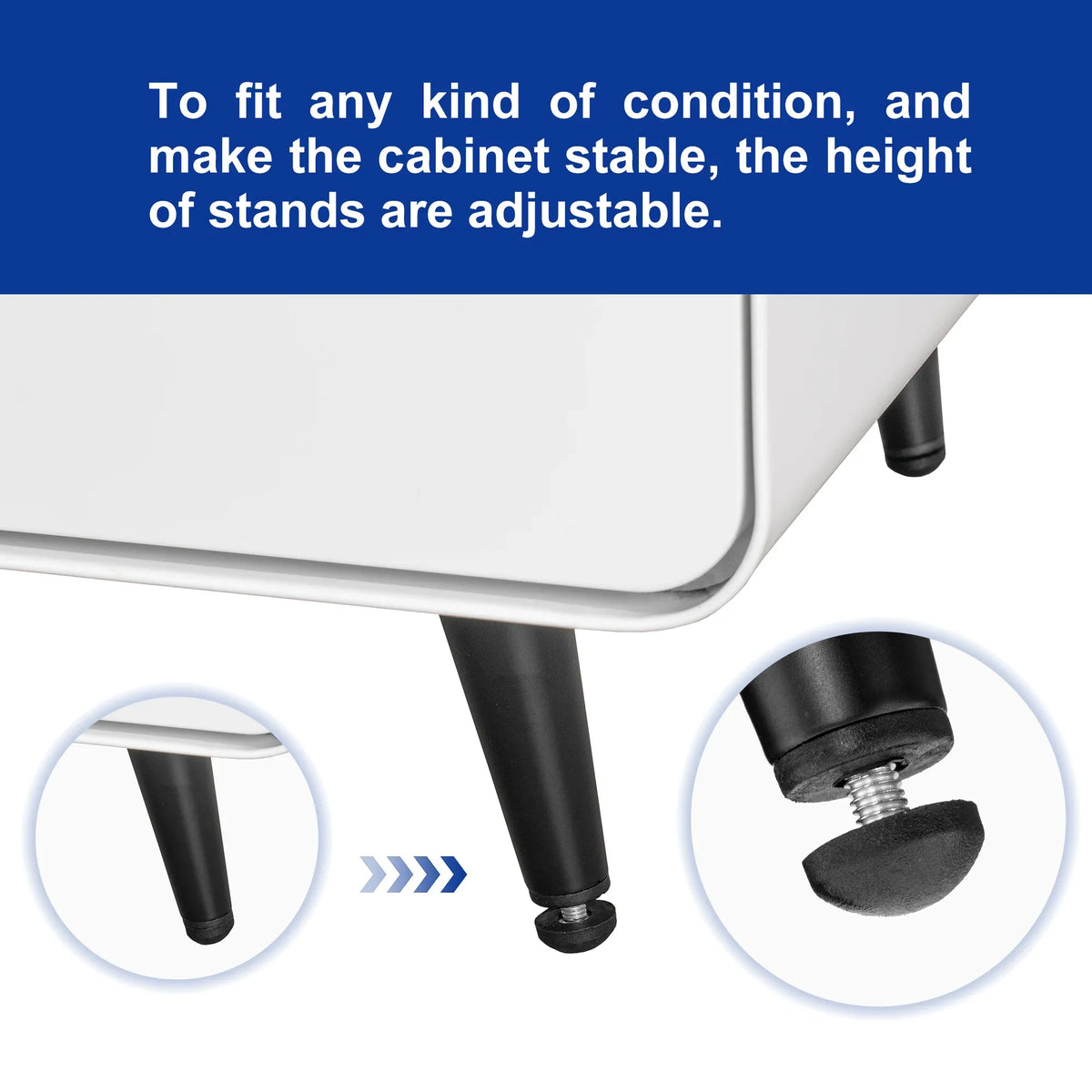 Adjustable height black metal stands for eprolo modern night stand storage cabinet stability.