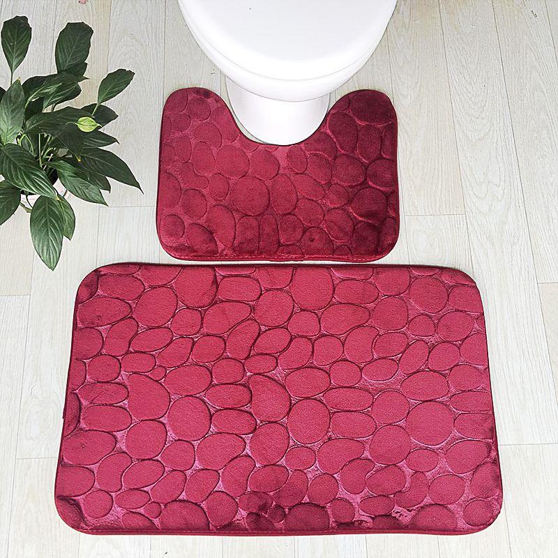 Two-piece red embossed stone pattern non-slip absorbent bathroom mat set by eprolo