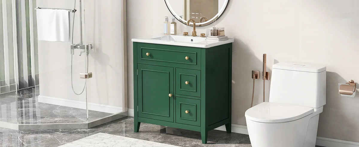 Green 30 inch eprolo bathroom vanity with sink top, two drawers, and cabinet doors.