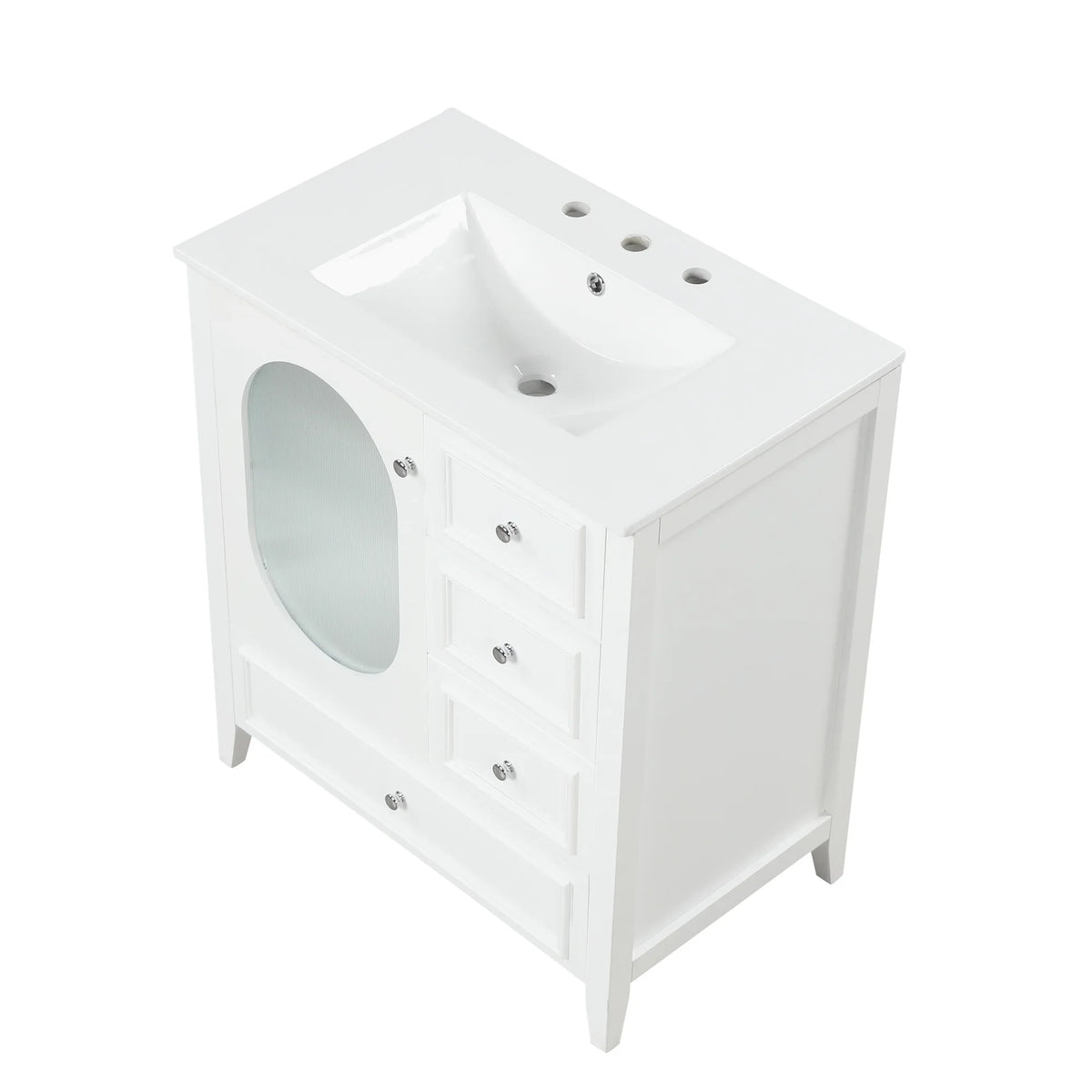 eprolo 30-inch white bathroom vanity with integrated sink, three drawers, and storage cabinet