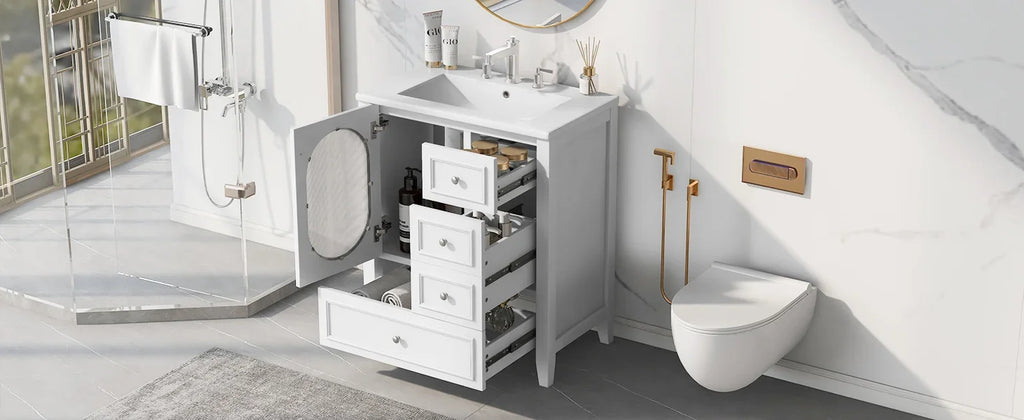 eprolo 30 inch white bathroom vanity with sink, three drawers, and storage cabinet