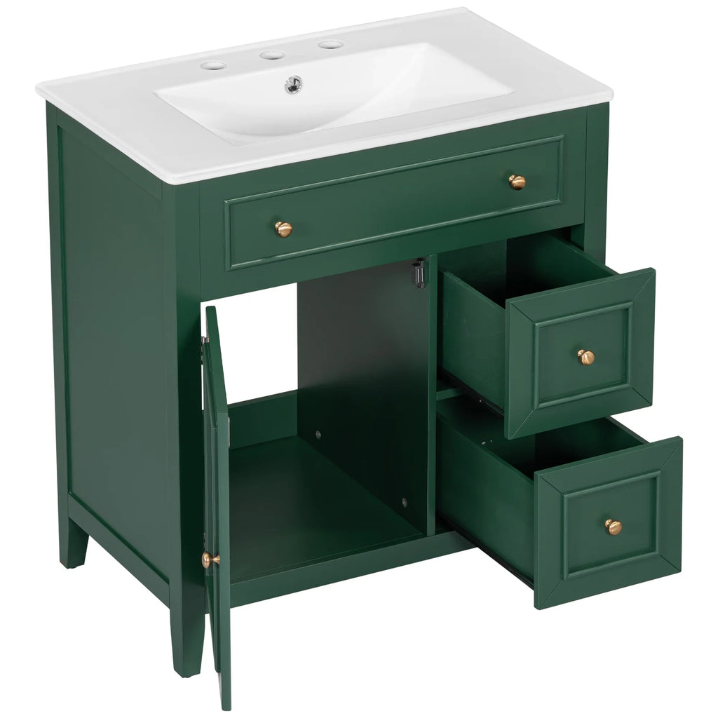 eprolo 30-inch green bathroom vanity with white sink top, storage cabinet, and gold hardware