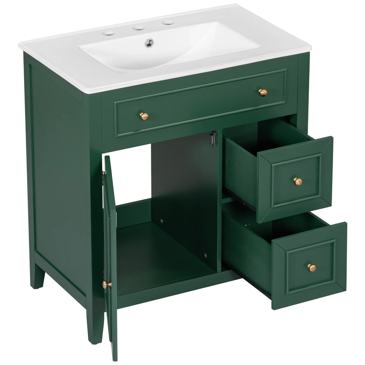 eprolo 30-inch green bathroom vanity with white sink top, storage cabinet, and gold hardware