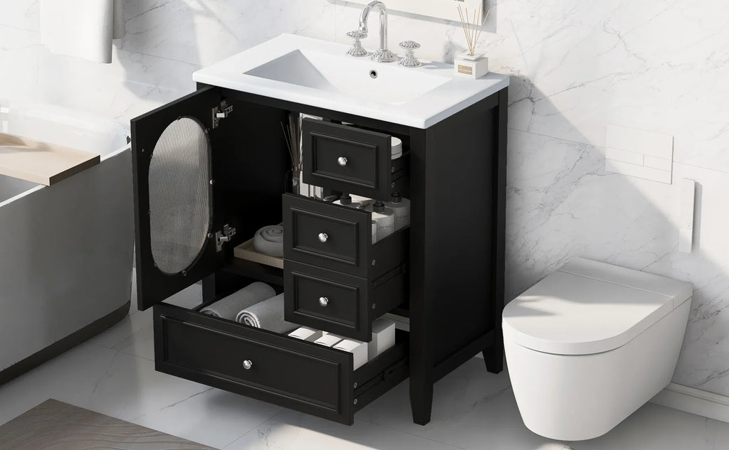 eprolo 30-inch black bathroom vanity with white sink, open cabinet, and drawers