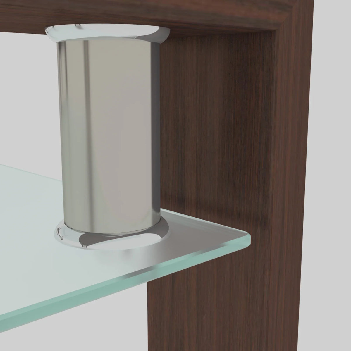 Close-up of a modern metal pedestal support for a clear glass coffee table.