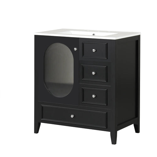 eprolo 30 inch black bathroom vanity with white sink, three drawers, and an oval door