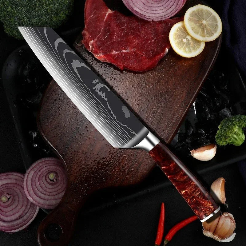 eprolo high carbon stainless steel chef knife with Damascus pattern on a wooden cutting board.