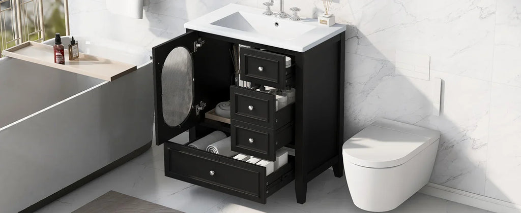 Black 30 inch eprolo bathroom vanity with white sink, three drawers, and storage cabinet