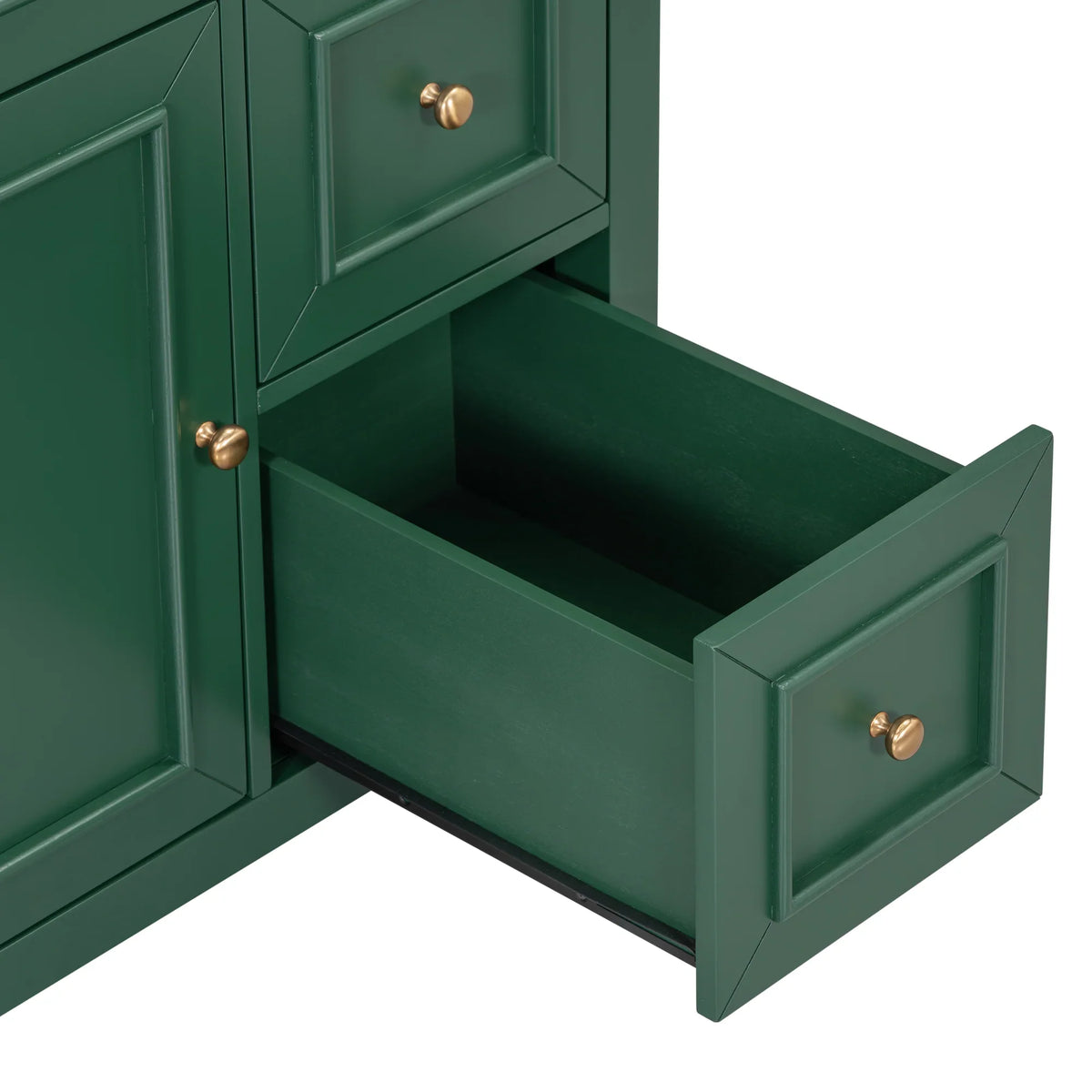 Open drawer and cabinet door of an eprolo green solid wood bathroom vanity with gold knobs.