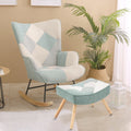Mid-Century fabric rocking chair and matching ottoman with wood legs in light blue and cream.