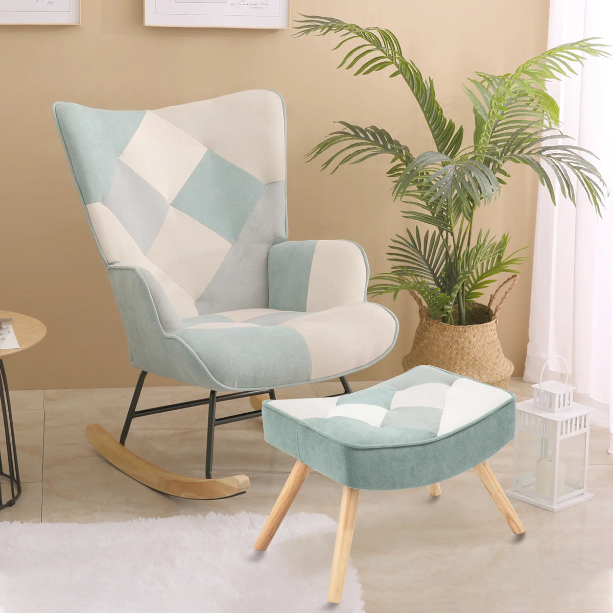 Mid-Century fabric rocking chair and matching ottoman with wood legs in light blue and cream.