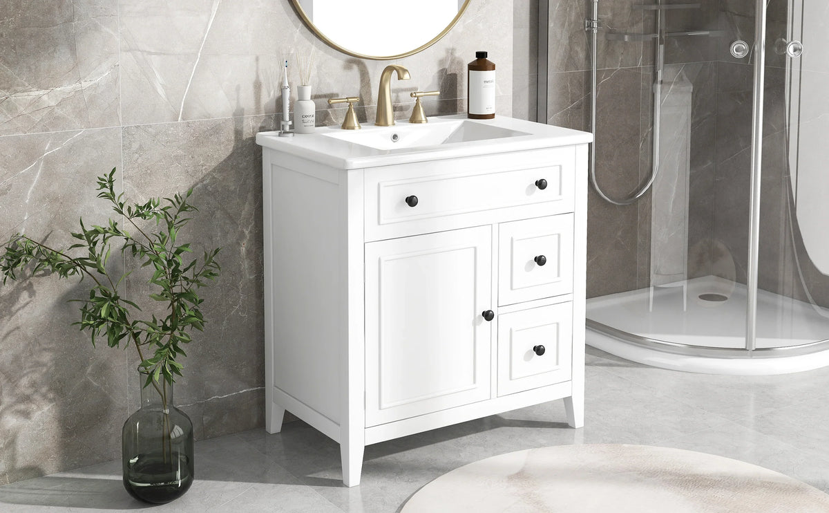 White 30 inch eprolo bathroom vanity with sink top, solid wood frame, and two drawers.