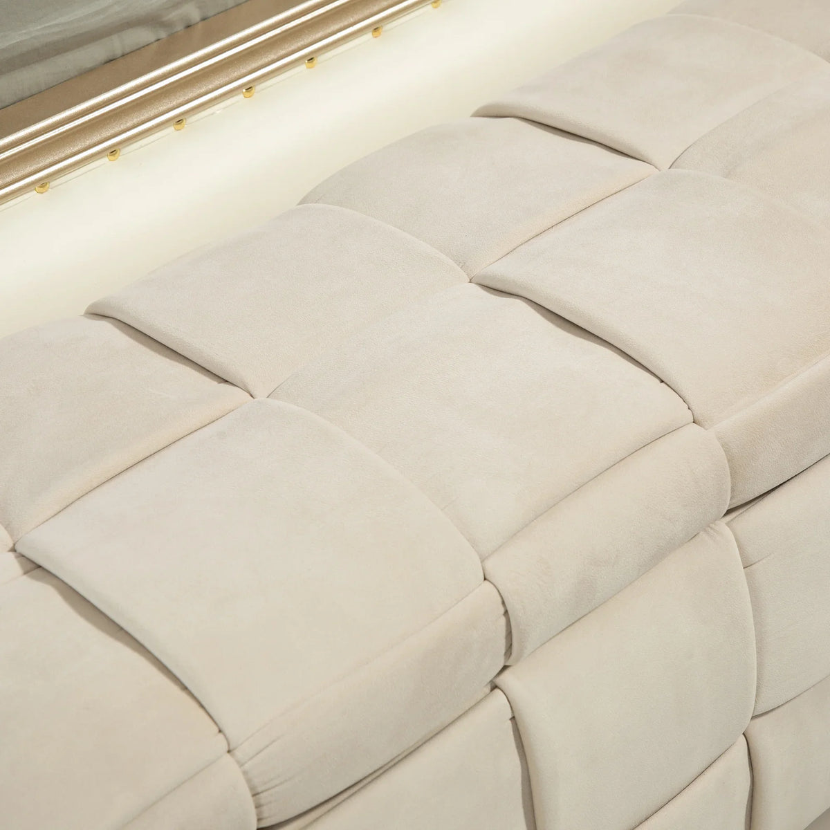 Beige cushioned fabric surface of the eprolo COOLMOR storage ottoman chair.
