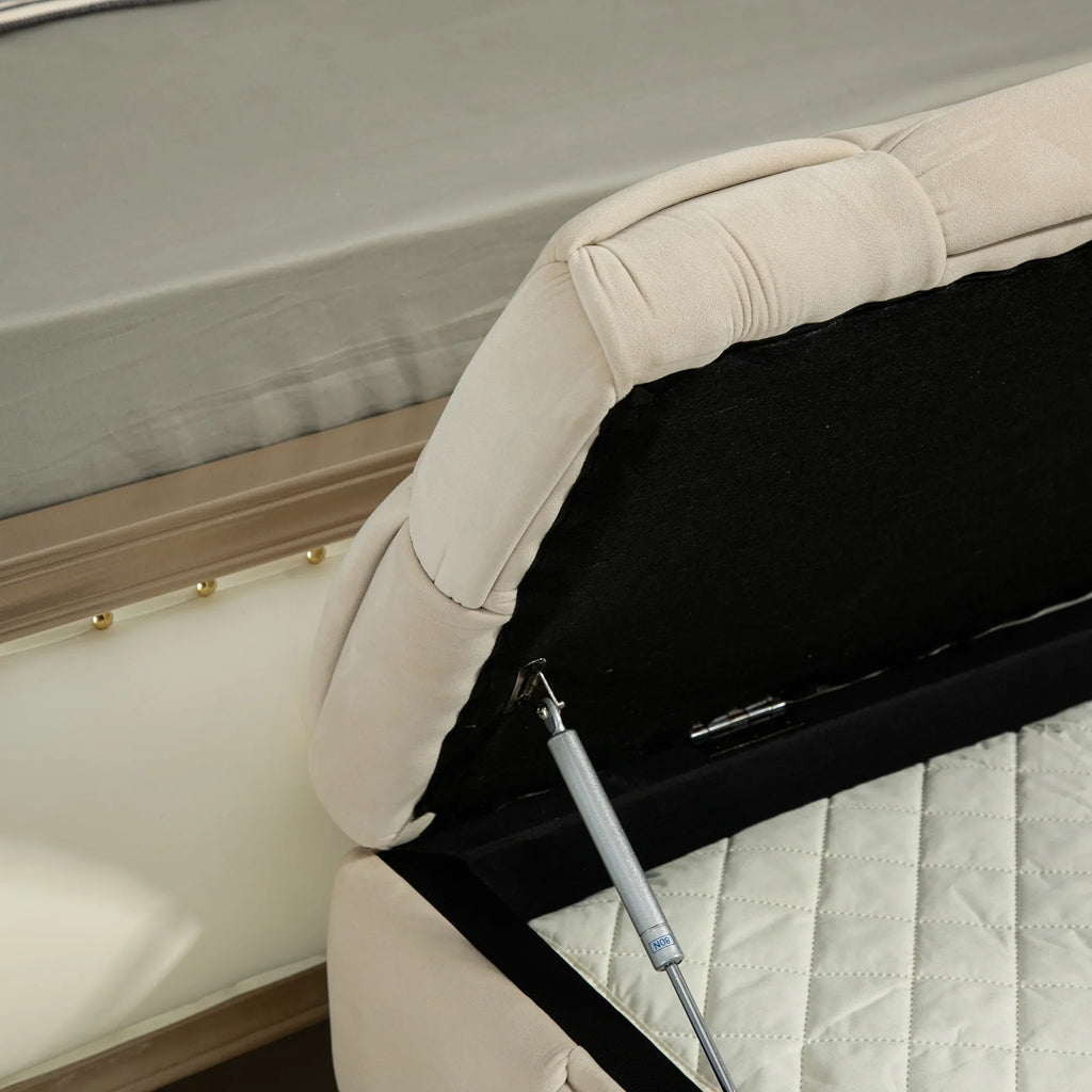 Beige fabric eprolo storage ottoman featuring a safety hinge and cushioned lid.