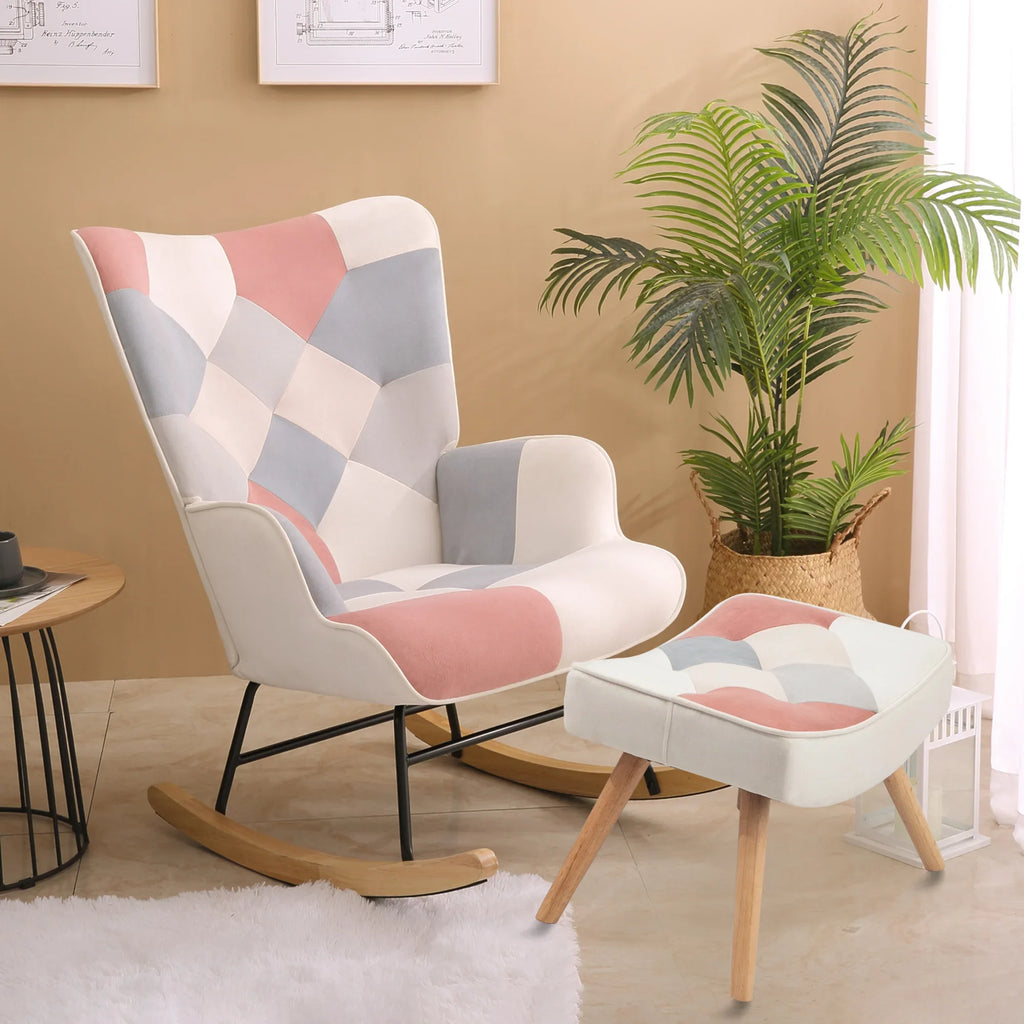 eprolo Mid-Century fabric rocking chair and matching ottoman with pastel patchwork design