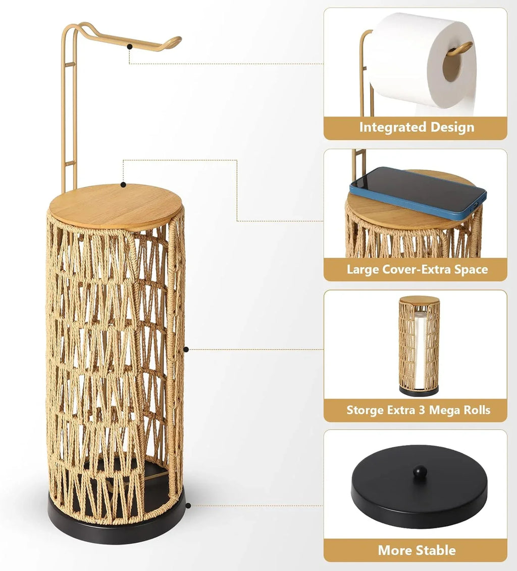 eprolo freestanding woven toilet paper holder with storage shelf and roll stand