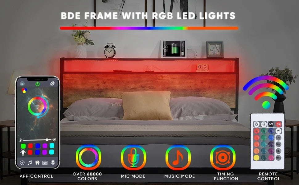 eProlo LED platform bed with RGB light headboard, app and remote control features.